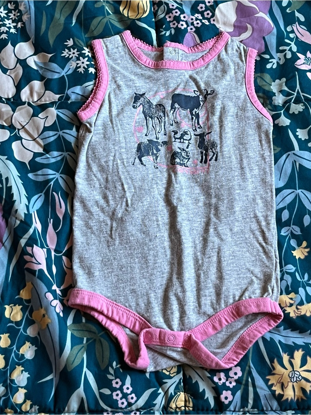 Carhartt Grey and Pink Farm Animal Sleeveless Onesie Girls Size 12 Months